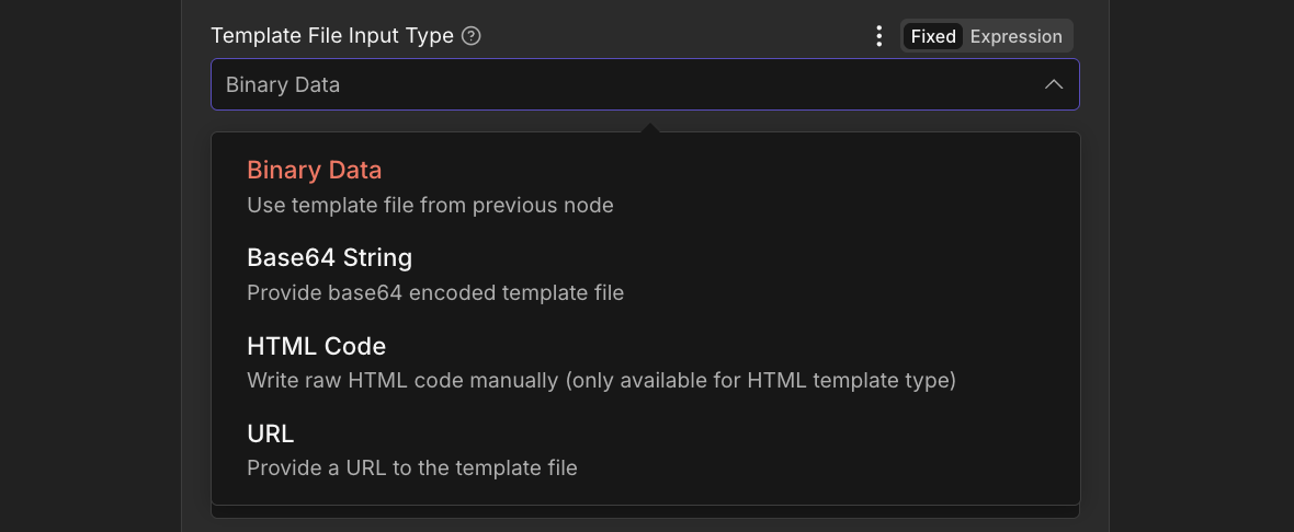 Template File Input Type dropdown in n8n PDF4me Generate Document (Single) node showing four options: Binary Data highlighted with description Use template file from previous node, Base64 String with description Provide base64 encoded template file, HTML Code with description Write raw HTML code manually only available for HTML template type, URL with description Provide a URL to the template file